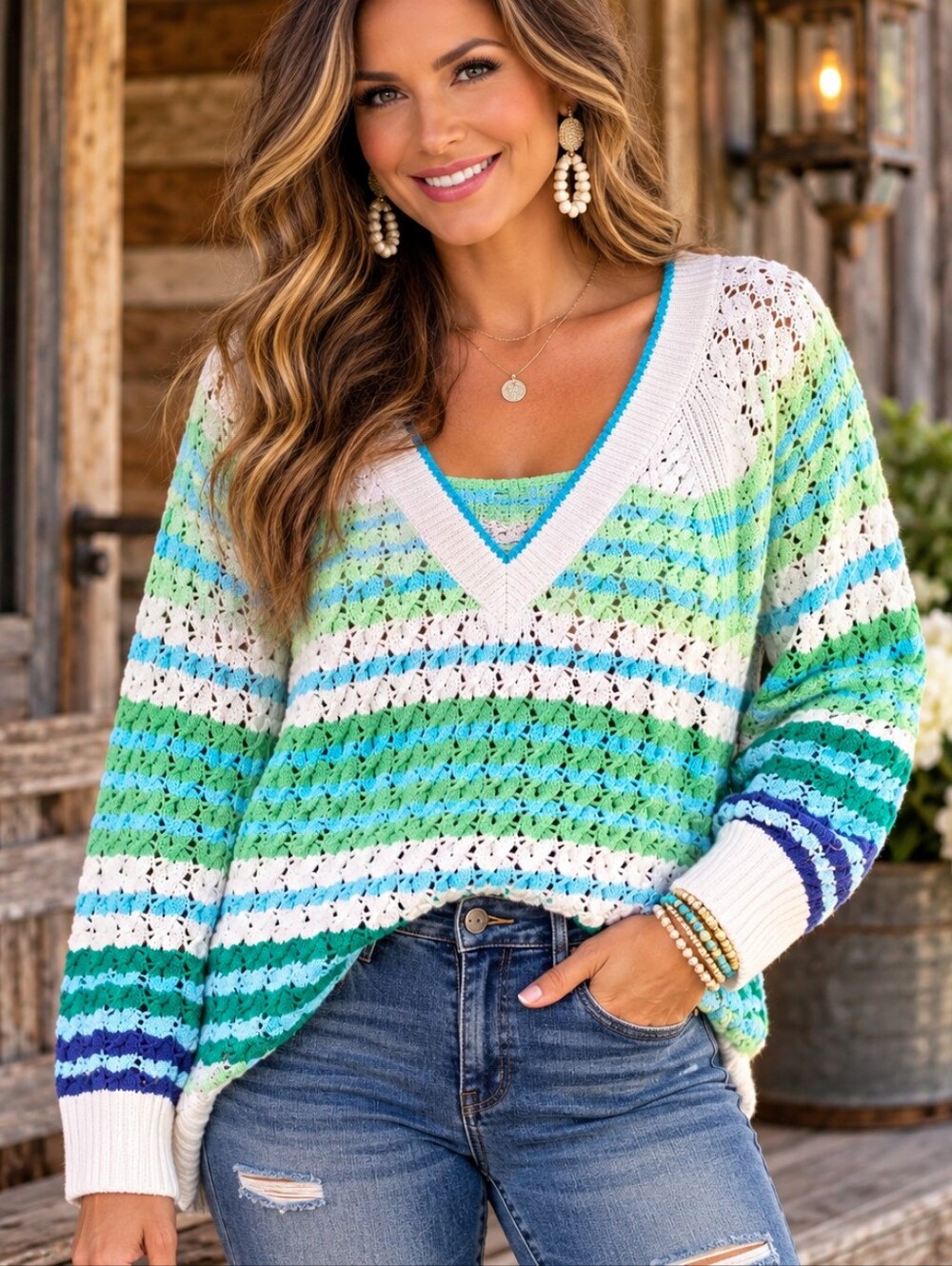 Talbots Plus 2X Colorful Crochet Open Knit Striped V-Neck Cotton Sweater